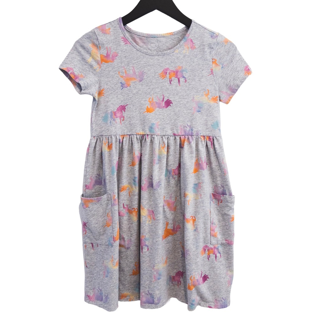 Wonder Nation T-Shirt Dress Girls L 10-12 Gray Horse Watercolor‎ Pocket Casual